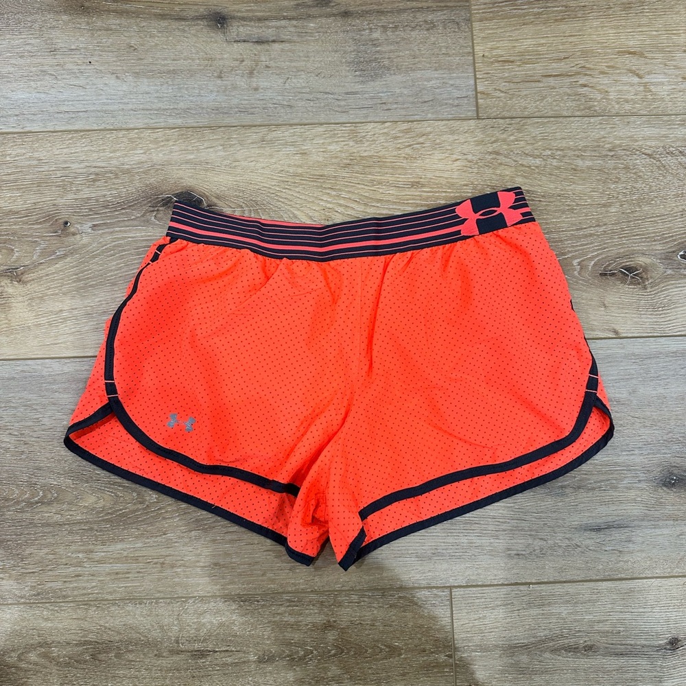 Under Armour Women's Bright Pink-Orange and Black Athletic Shorts